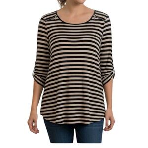 Cable & Gauge Black and Cream Striped Long Sleeve Top size L zipper details